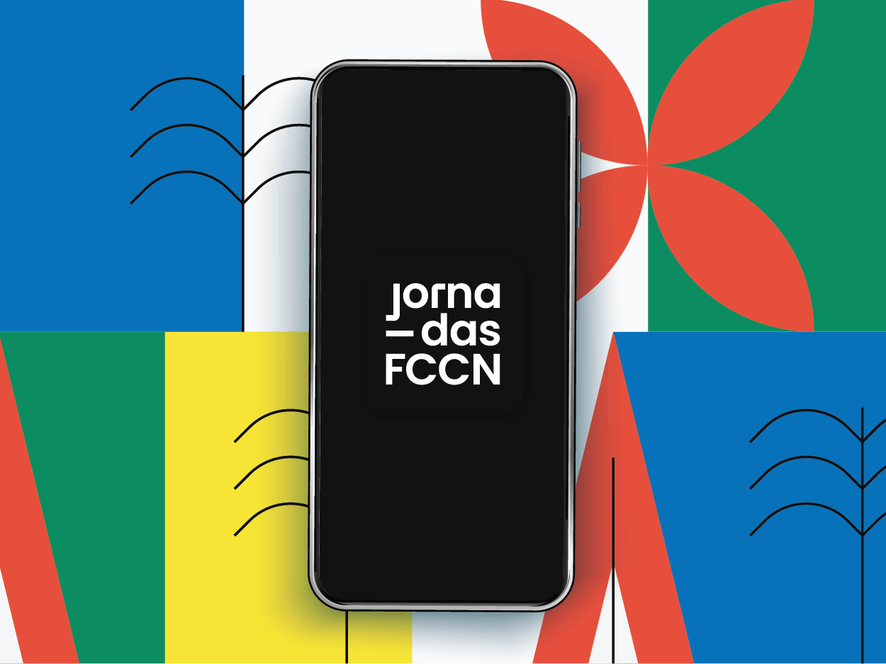 Illustration of a cell phone with the home screen of the App Jornadas FCCN 2024 on a background with the graphic image of the respective year's edition.